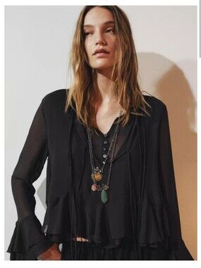 Zara ZW Collection Black Ruffle Sheer Blouse Romantic Gypsy